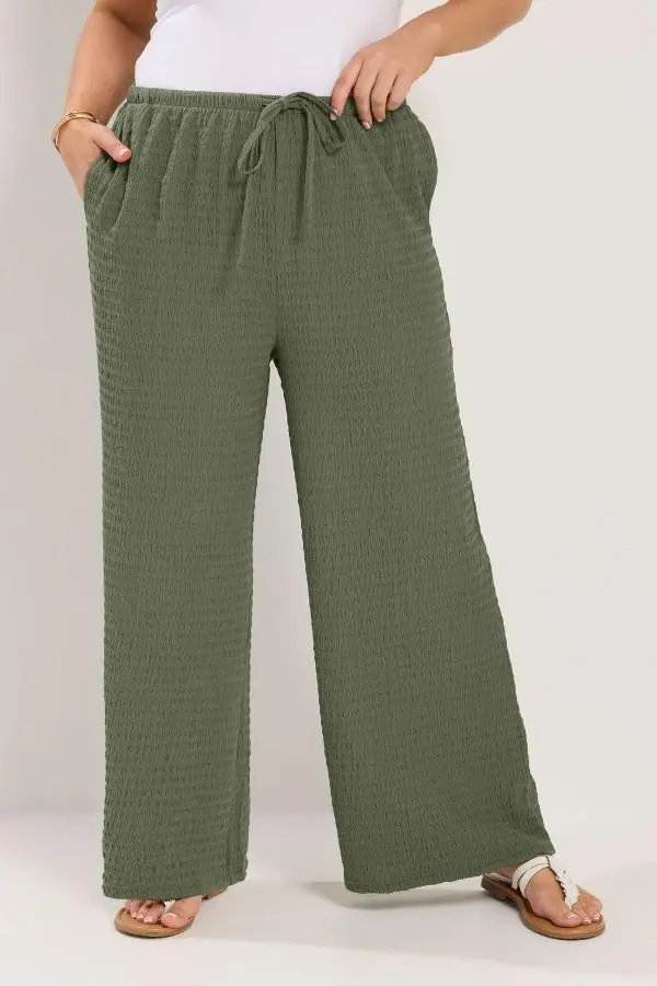 Yours Plus Size Khaki Green Wide Leg Crinkle Trousers Size Regular > 14