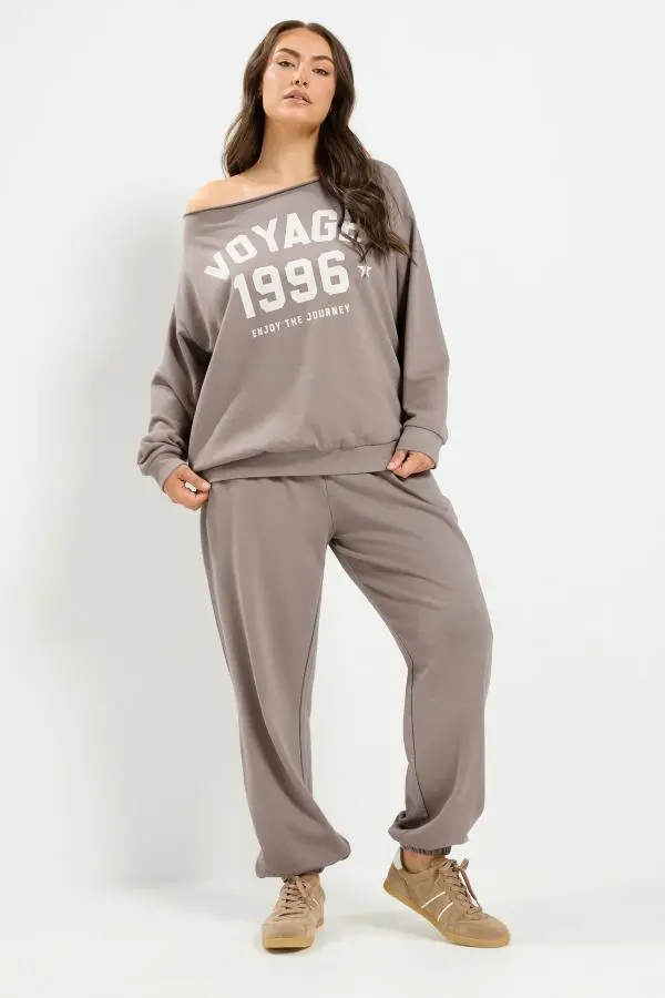 Yours Plus Size Brown 'Voyage' Offshoulder Sweatshirt & Jogger Set Size 12