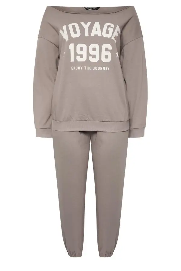 Yours Plus Size Brown 'Voyage' Offshoulder Sweatshirt & Jogger Set Size 20