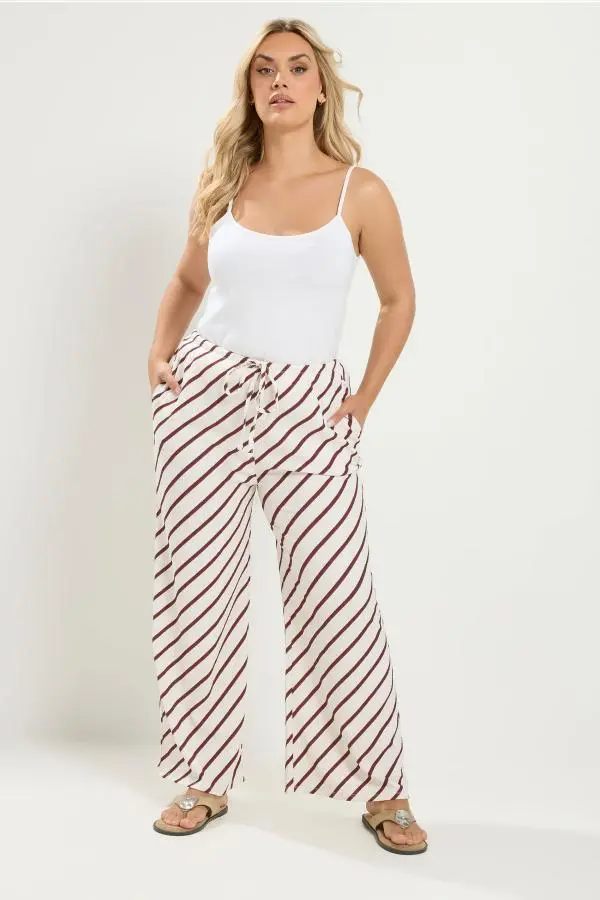 Yours Plus Size Natural Brown Stripe Wide Leg Trousers Inside Leg Size 28", Waist Size 22-24