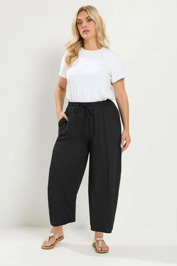 Yours Plus Size Black Crinkle Barrel Trousers Size 16