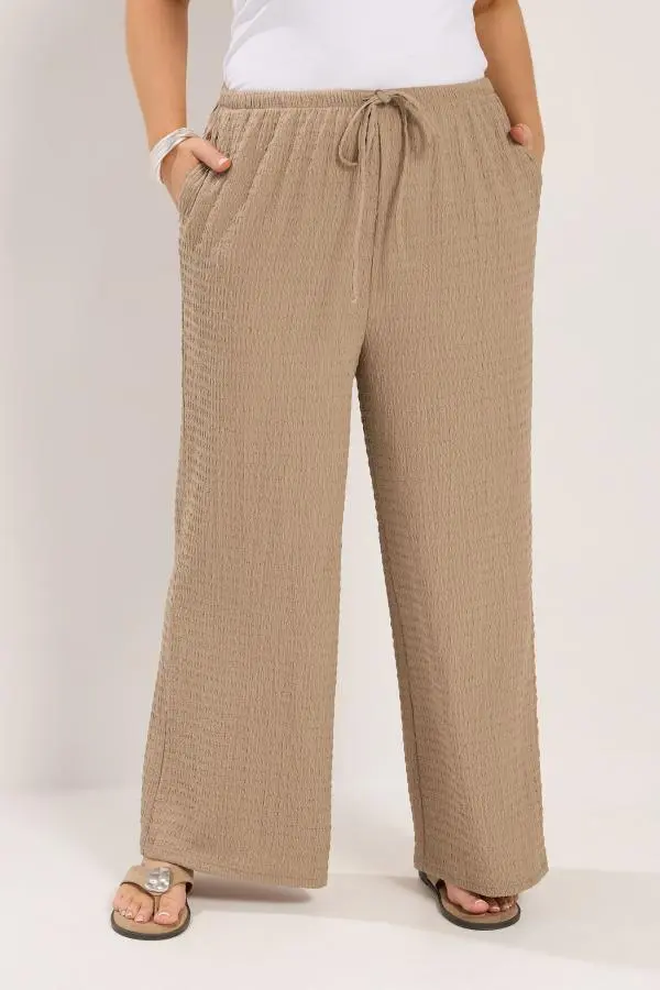 Yours Plus Size Natural Brown Wide Leg Crinkle Trousers Size Regular > 14
