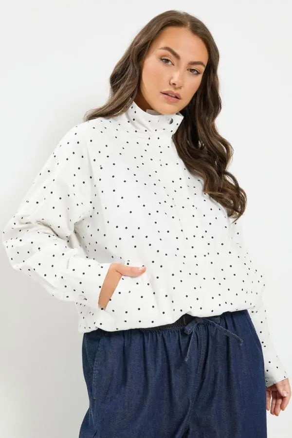 Yours Plus Size White Polka Dot Funnel Neck Bomber Jacket Size 26-28