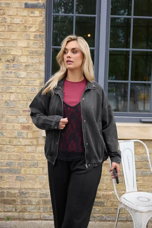Yours Plus Size Black Denim Funnel Neck Bomber Jacket Size 16