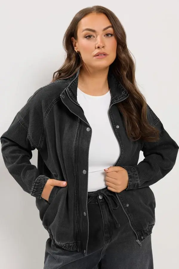 Yours Plus Size Black Denim Funnel Neck Bomber Jacket Size 16