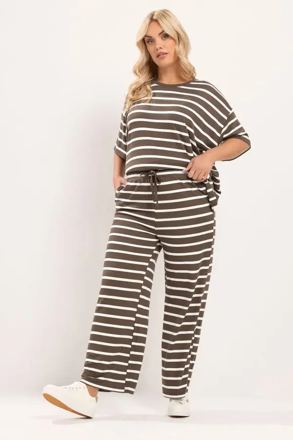 Yours Plus Size Chocolate Brown Stripe Tie Waist Trousers Size 38-40