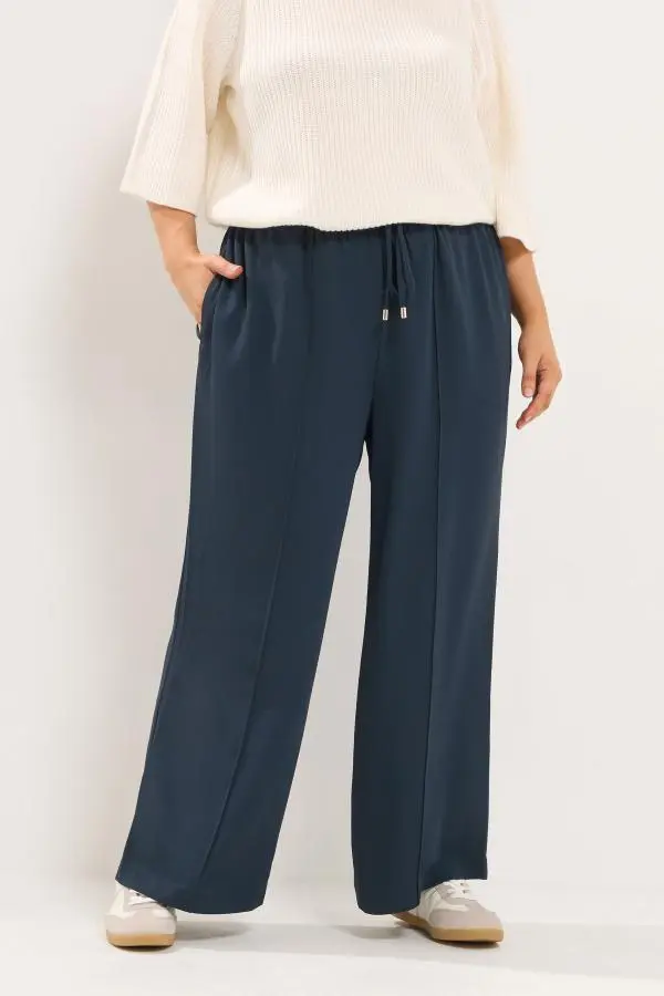 Yours Plus Size Navy Stretch Wide Leg Trousers Size Short > 12