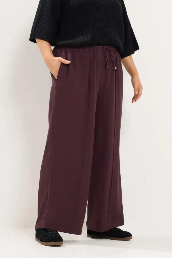 Yours Plus Size Burgundy Stretch Wide Leg Trousers Size Short > 14