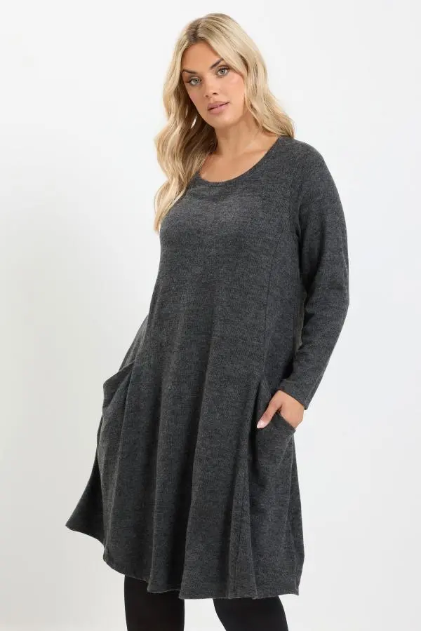 Yours Women's Plus Size Grey Soft Touch Pocket Swing Dress Size 26-28 | Cotton/Polyester/Elastane