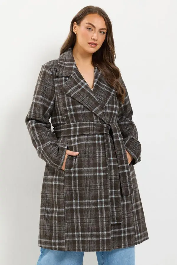 Yours Plus Size Chocolate Brown Check Longline Wrap Coat Size 26-28