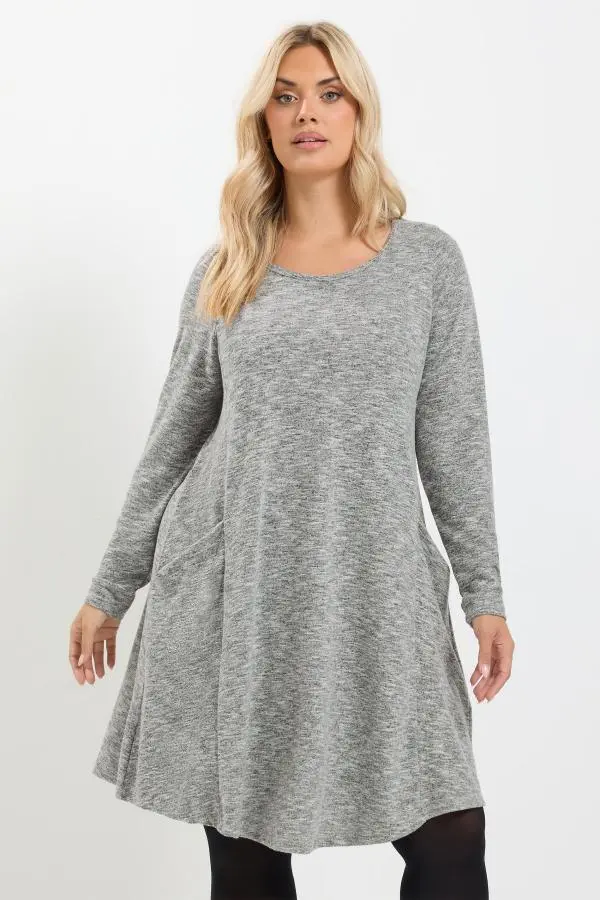 Yours Women's Plus Size Grey Marl Soft Touch Pocket Swing Dress Size 22-24 | Polyester/Viscose