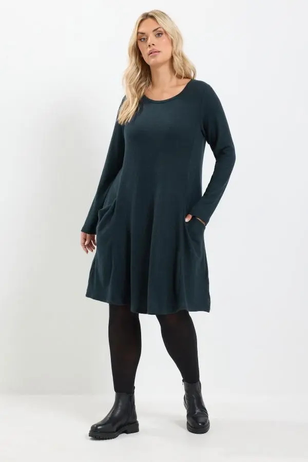 Yours Women's Plus Size Navy Blue Soft Touch Pocket Swing Dress Size 16 | Polyester/Elastane/Viscose