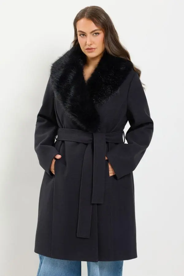 Yours Plus Size Black Faux Fur Collar Long Line Coat Size 22-24