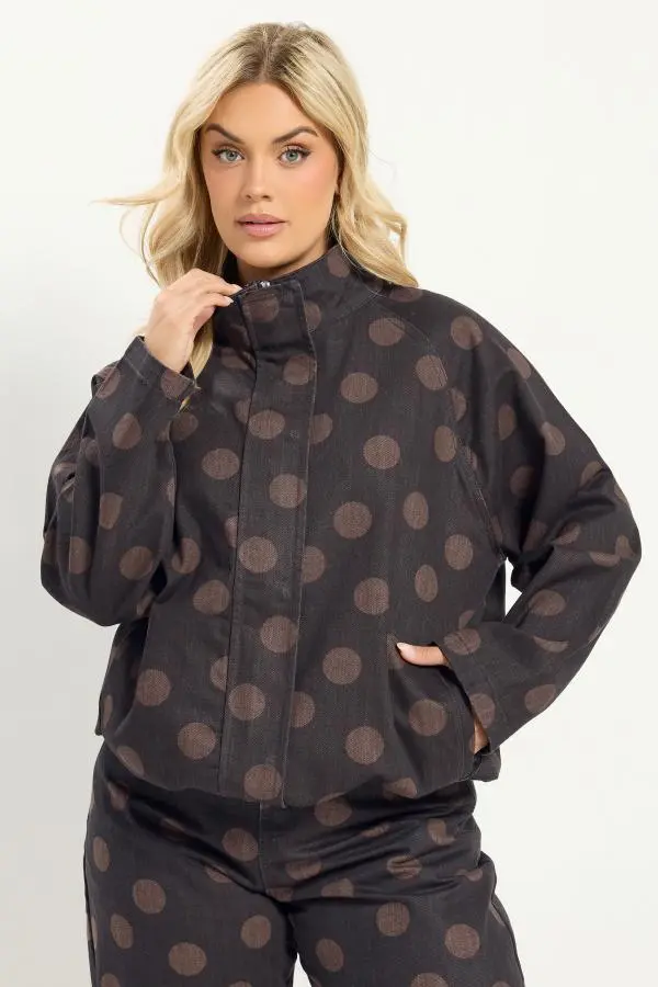 Yours Plus Size Chocolate Brown Polka Dot Denim Bomber Jacket Size 16