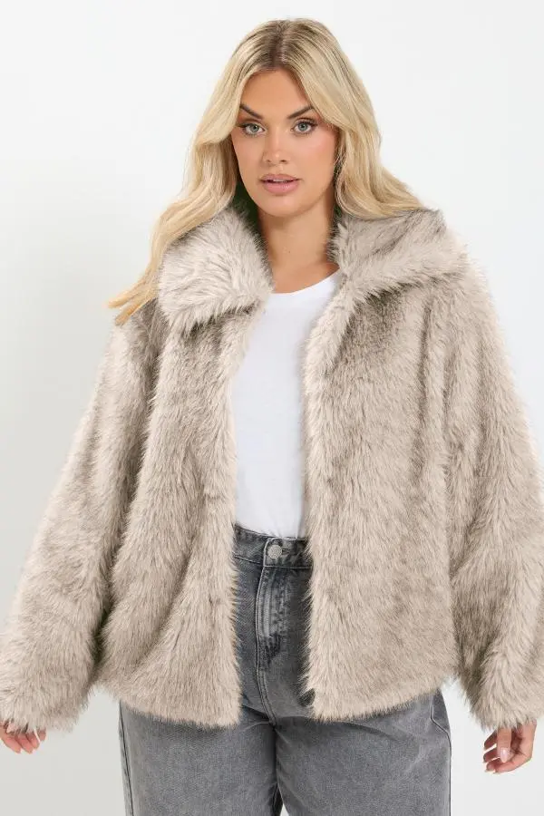 Yours Plus Size Grey Faux Fur Tipped Coat Size 16