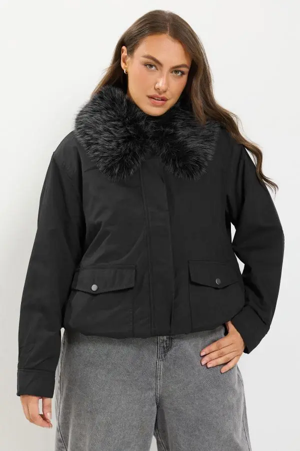 Yours Plus Size Black Faux Fur Trim Bomber Jacket Size 22-24