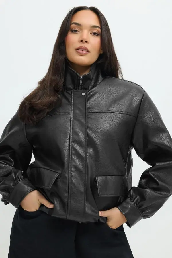 Limited Collection Plus Size Black Faux Leather Funnel Neck Jacket Size 12