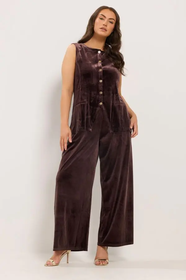 Yours Plus Size Brown Velvet Wide Leg Trousers Size Short > 16