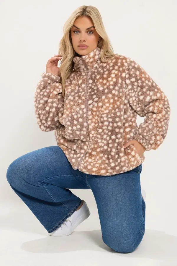 Yours Plus Size Brown Deer Print Zip Through Fleece Yours Clothing Size 26-28