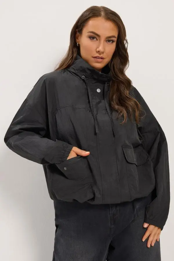 Yours Women's Plus Size Black Lightweight Funnel Neck Jacket Size 14 | Nylon