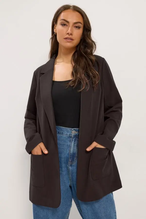 Yours Women's Plus Size Chocolate Brown Open Edge Blazer Size 14 | Polyester