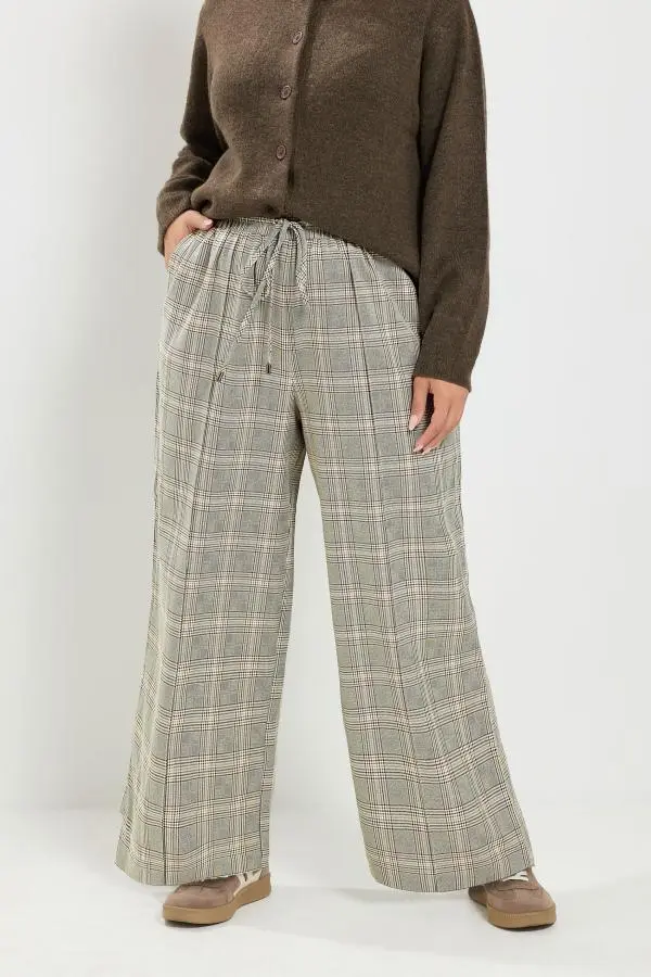 Yours Plus Size Brown Checkered Wide Leg Trousers Size Short > 20