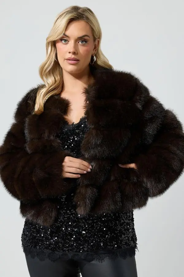 Yours London Plus Size Chocolate Brown Faux Fur Panelled Coat Size 10-12