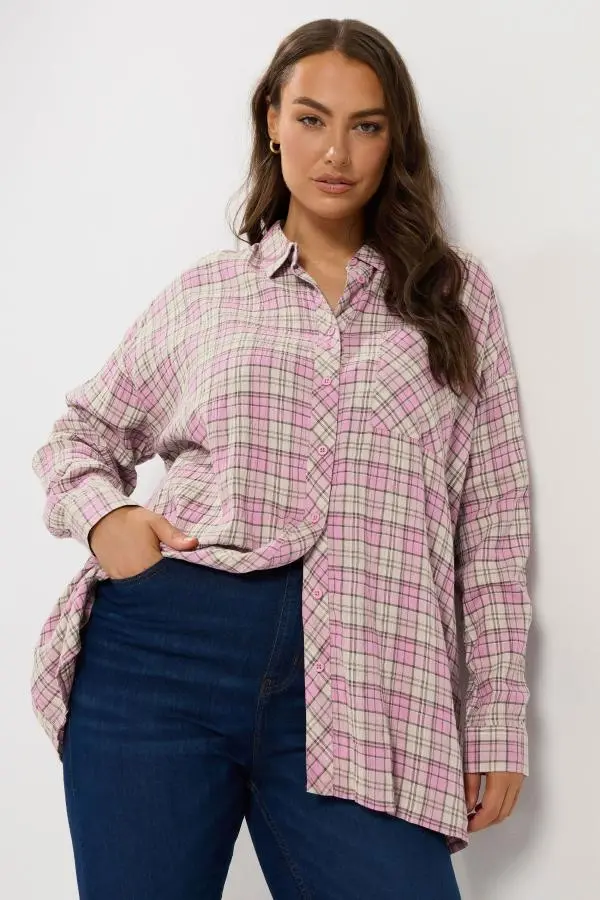 Yours Plus Size Pink Check Cotton Button Through Shirt Size 12