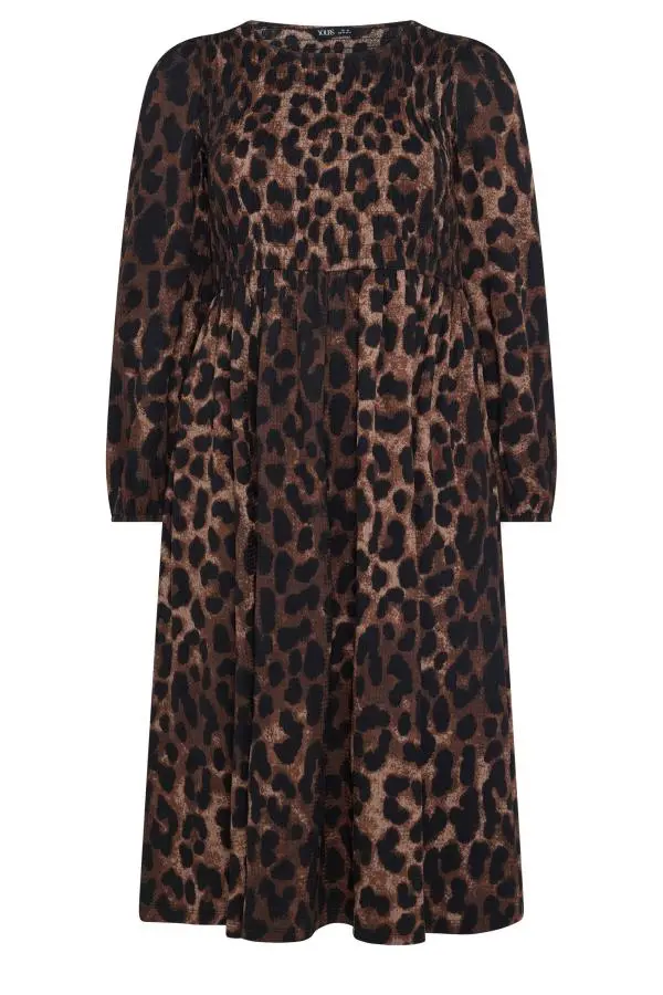 Yours Plus Size Brown Leopard Shirred Midi Dress Size 38-40
