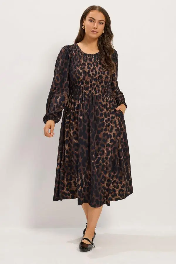Yours Women's Plus Size Brown Leopard Shirred Midi Dress Size 14 | Polyester/Elastane