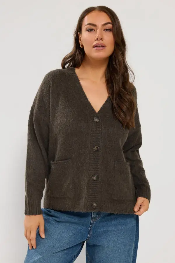 Yours Women's Plus Size Chocolate Brown Brushed Boyfriend Cardigan Size 10-12 | Polyester/Elastane/Acrylic