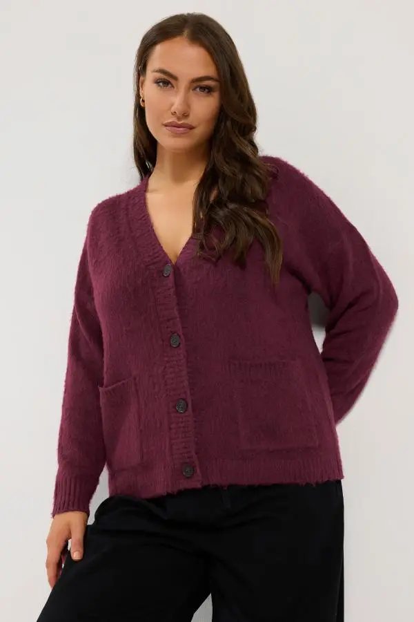 Yours Women's Plus Size Burgundy Red Brushed Boyfriend Cardigan Size 10-12 | Polyester/Elastane/Acrylic