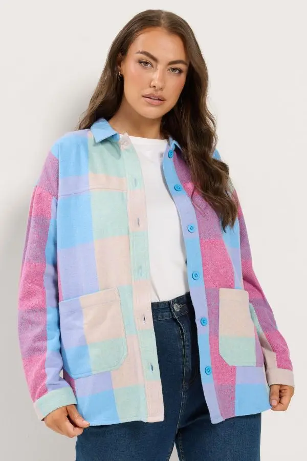 Yours Women's Plus Size Pink & Blue Check Shacket Size 26-28 | Polyester