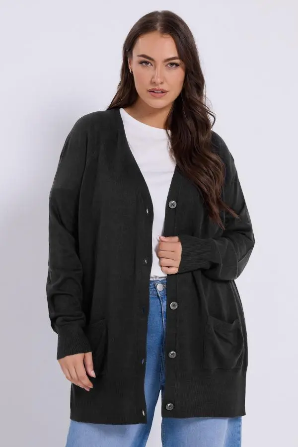 Yours Curve Black Boyfriend Button Through Cardigan, Women's Curve & Plus Size, Yours