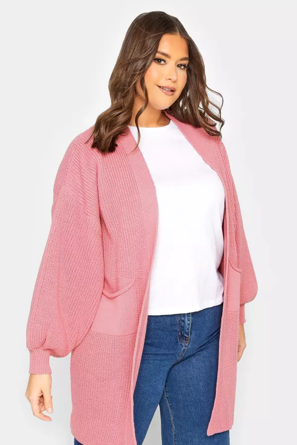 Yours Curve Pink Longline Pocket Balloon Sleeve Knit Cardigan, Women's Curve & Plus Size, Yours