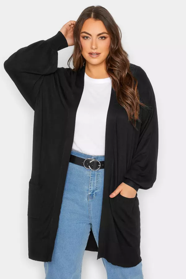 Yours Curve Black Balloon Sleeve Fine Knit Cardigan, Women's Curve & Plus Size, Yours