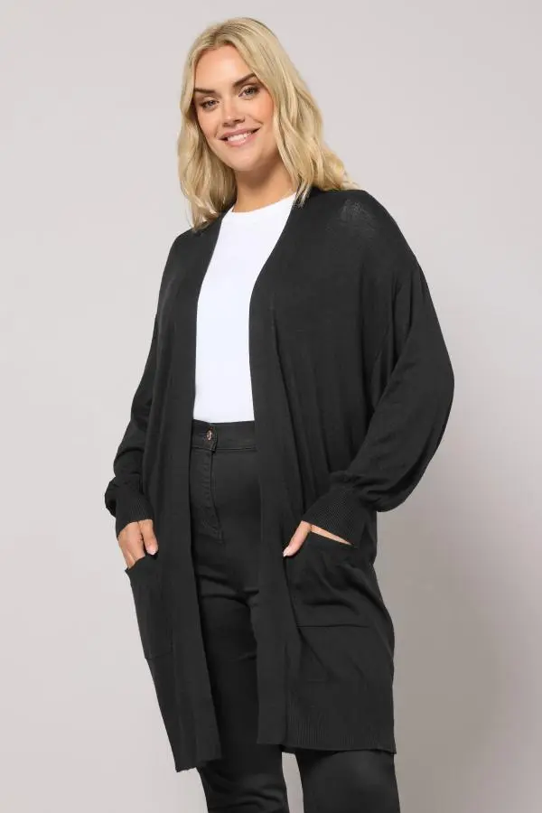 Yours Plus Size Curve Black Balloon Sleeve Fine Knit Cardigan Size 30-32