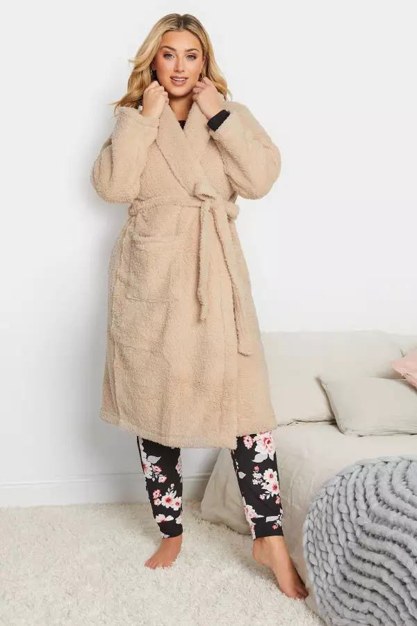 Yours Curve Beige Brown Borg Fleece Dressing Gown
