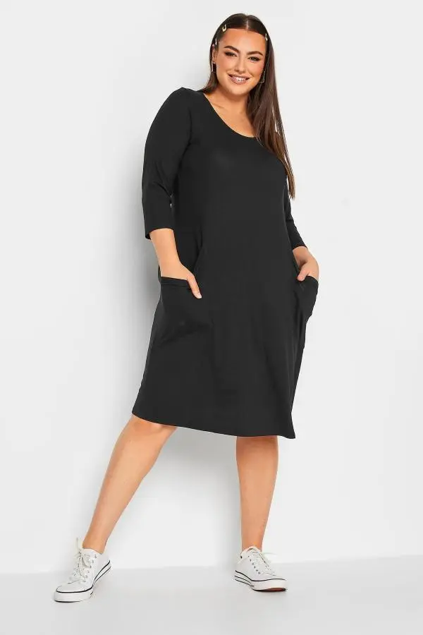 Yours For Good Curve Black 3/4 Sleeve Drape Pocket Dress, Women's Curve & Plus Size, Yours For Good
