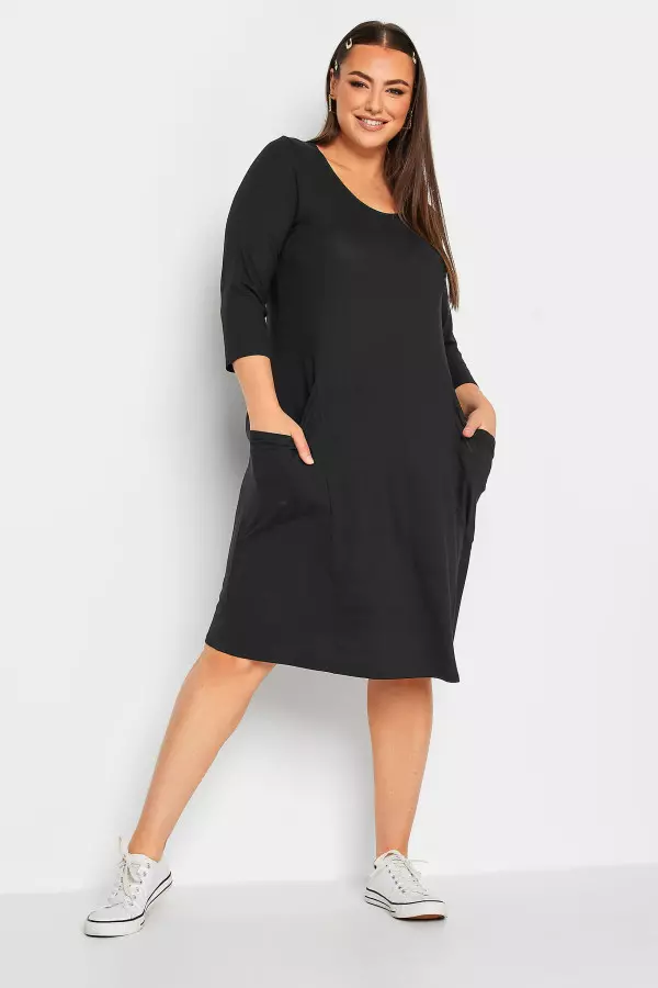 Yours For Good Curve Black 3/4 Sleeve Drape Pocket Dress, Women's Curve & Plus Size, Yours For Good