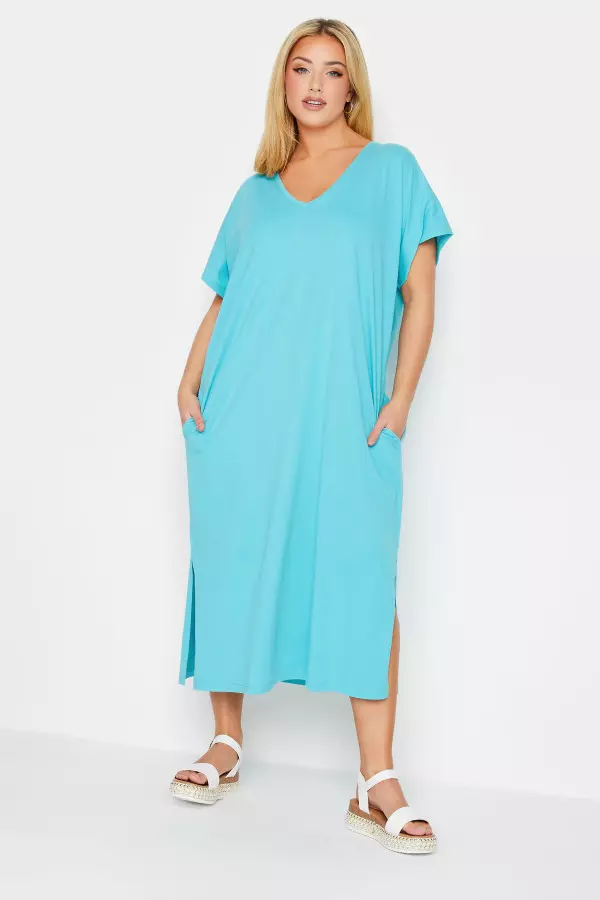 Yours Curve Blue Side Split Midaxi Tshirt Dress, Women's Curve & Plus Size, Yours