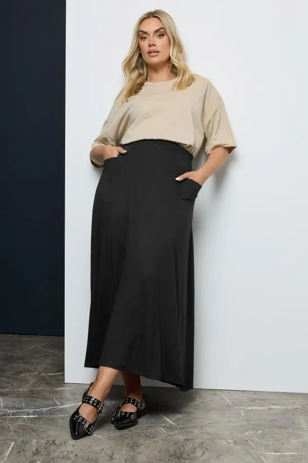 Yours Black Maxi Jersey Strtech Skirt With Pockets, Plus Size 16 To 36Size 34-36