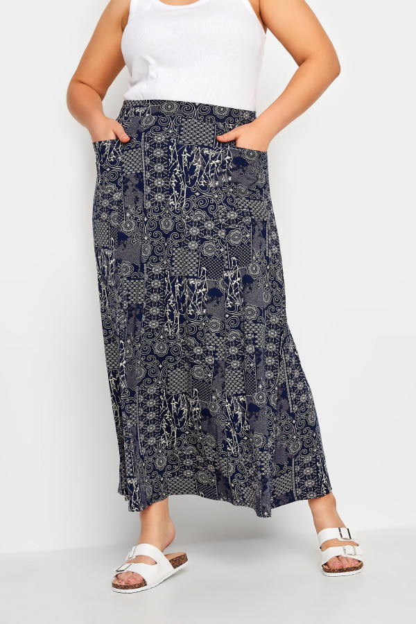 Yours Curve Navy Blue Mixed Print Pocket Detail Maxi Skirt, Women's Curve & Plus Size, Yours