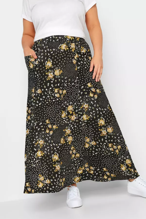 Yours Curve Black & Yellow Mixed Print Pocket Detail Maxi Skirt, Women's Curve & Plus Size, Yours