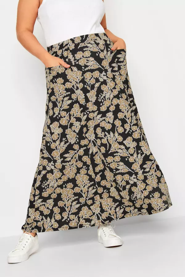 Yours Curve Black Floral Print Pocket Detail Maxi Skirt, Women's Curve & Plus Size, Yours