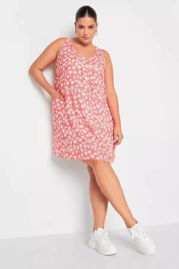 Yours Curve Light Pink Daisy Print Pocket Smock Dress, Women's Curve & Plus Size, Yours