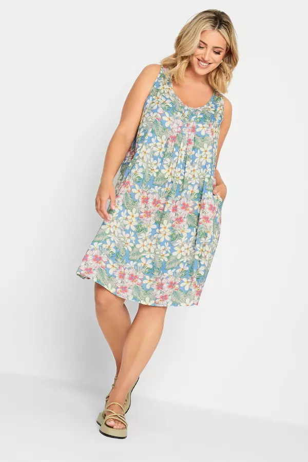 Yours Curve Blue Tropical Print Pocket Dress, Women's Curve & Plus Size, Yours