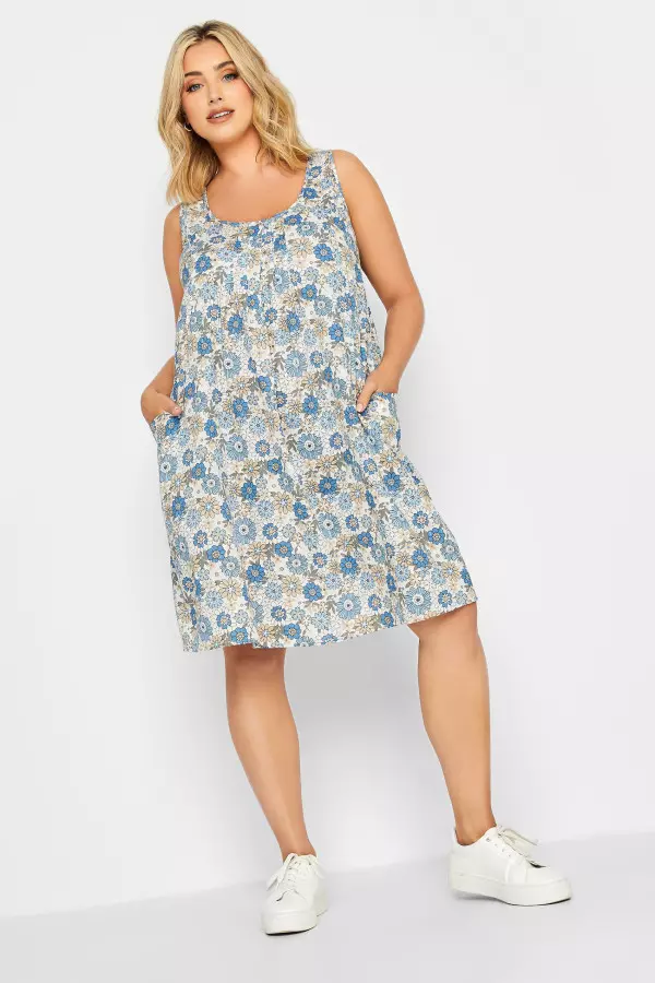 Yours Curve Blue Floral Print Pocket Dress, Women's Curve & Plus Size, Yours