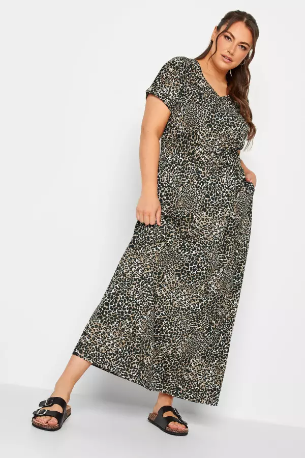 Yours Curve Brown Leopard Print Maxi Tshirt Dress, Women's Curve & Plus Size, Yours