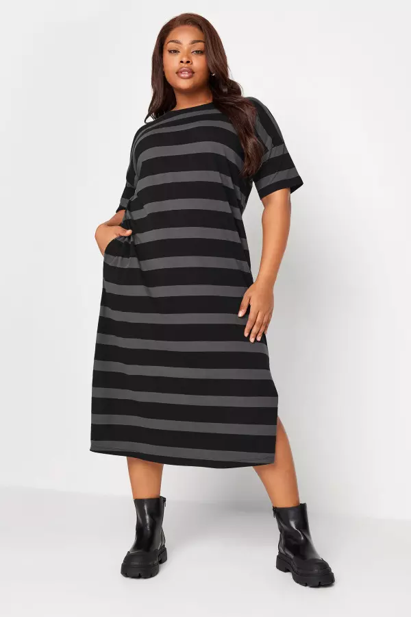 Yours Curve Black Stripe Print Oversized Midaxi Tshirt Dress, Women's Curve & Plus Size, Yours
